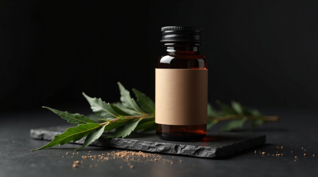 An amber supplement bottle beside fresh green botanical leaves on dark slate, representing ashwagandha sourcing and formulation.