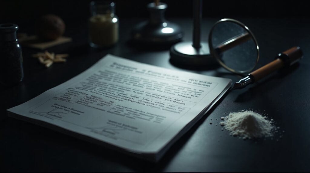 A laboratory certificate of analysis with a magnifying glass under a spotlight, representing CoA review in supplement quality control.