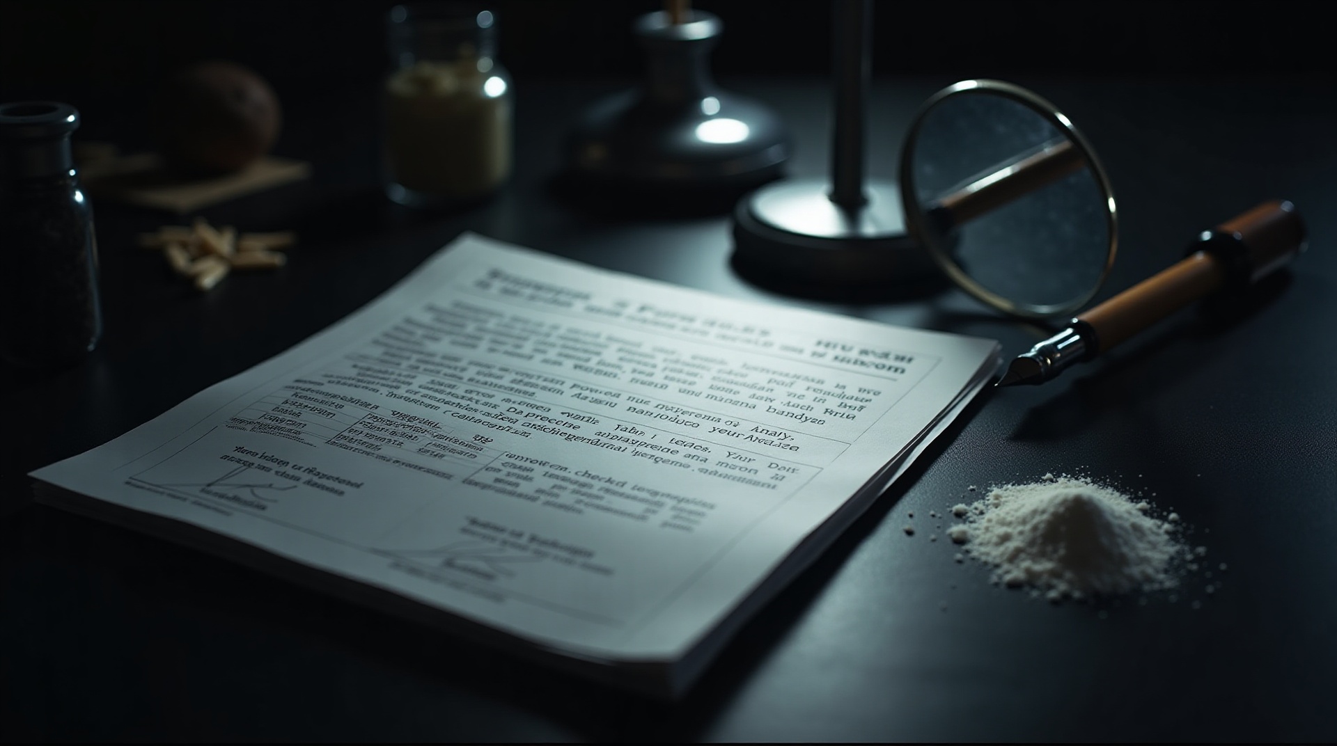 A laboratory certificate of analysis with a magnifying glass under a spotlight, representing CoA review in supplement quality control.