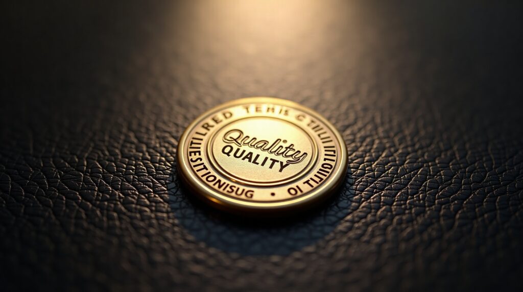 A gold quality certification seal on a dark leather surface, representing cGMP certification for a supplement brand.