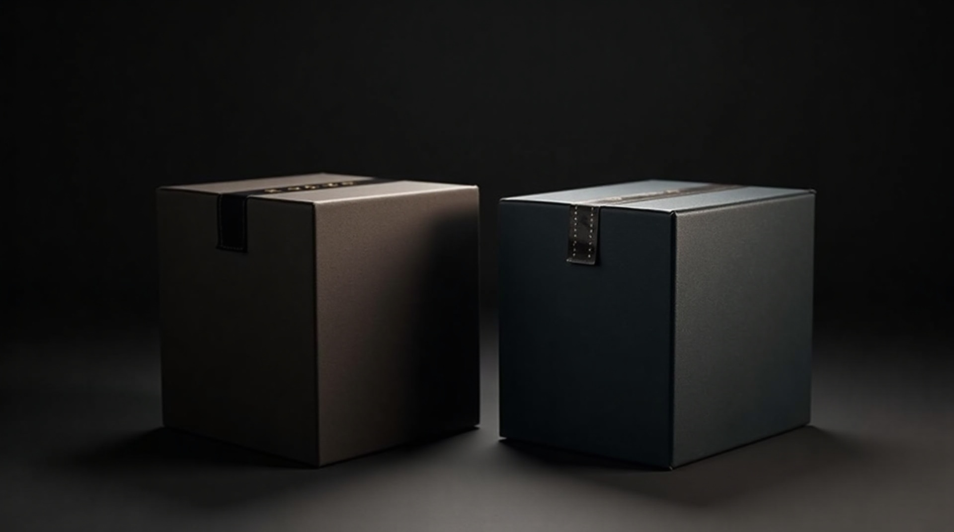 Two contrasting shipping boxes under split lighting, representing the choice between co-packing and contract manufacturing.