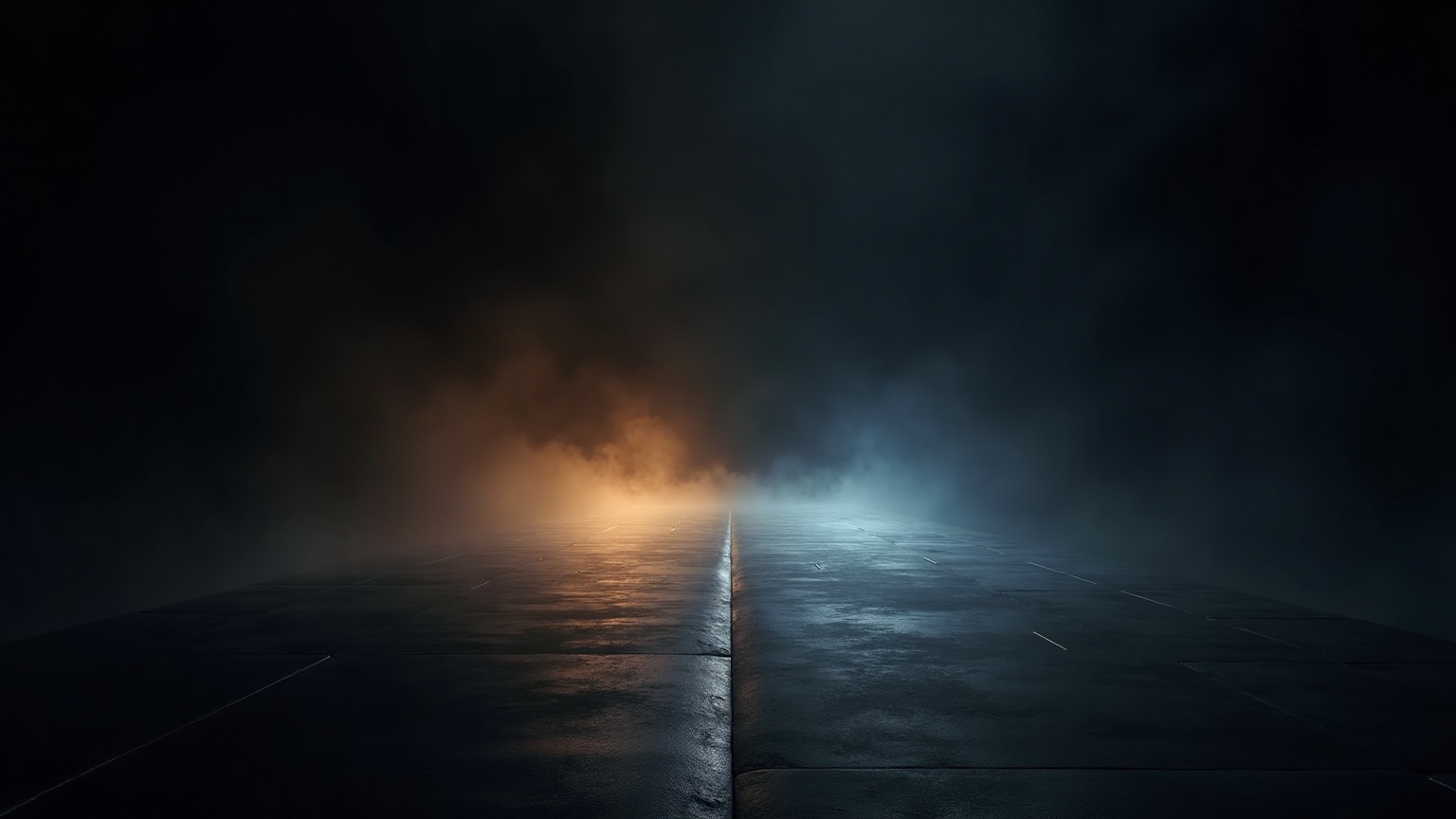 A dark polished floor splitting into a warm golden path and a cold blue path, symbolizing a supplement brand choosing between contract manufacturing and private label.