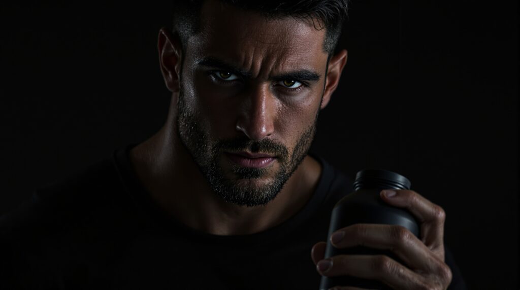 A fit athletic man holding a supplement bottle in dramatic cinematic low light, representing creatine for performance and a broad audience.