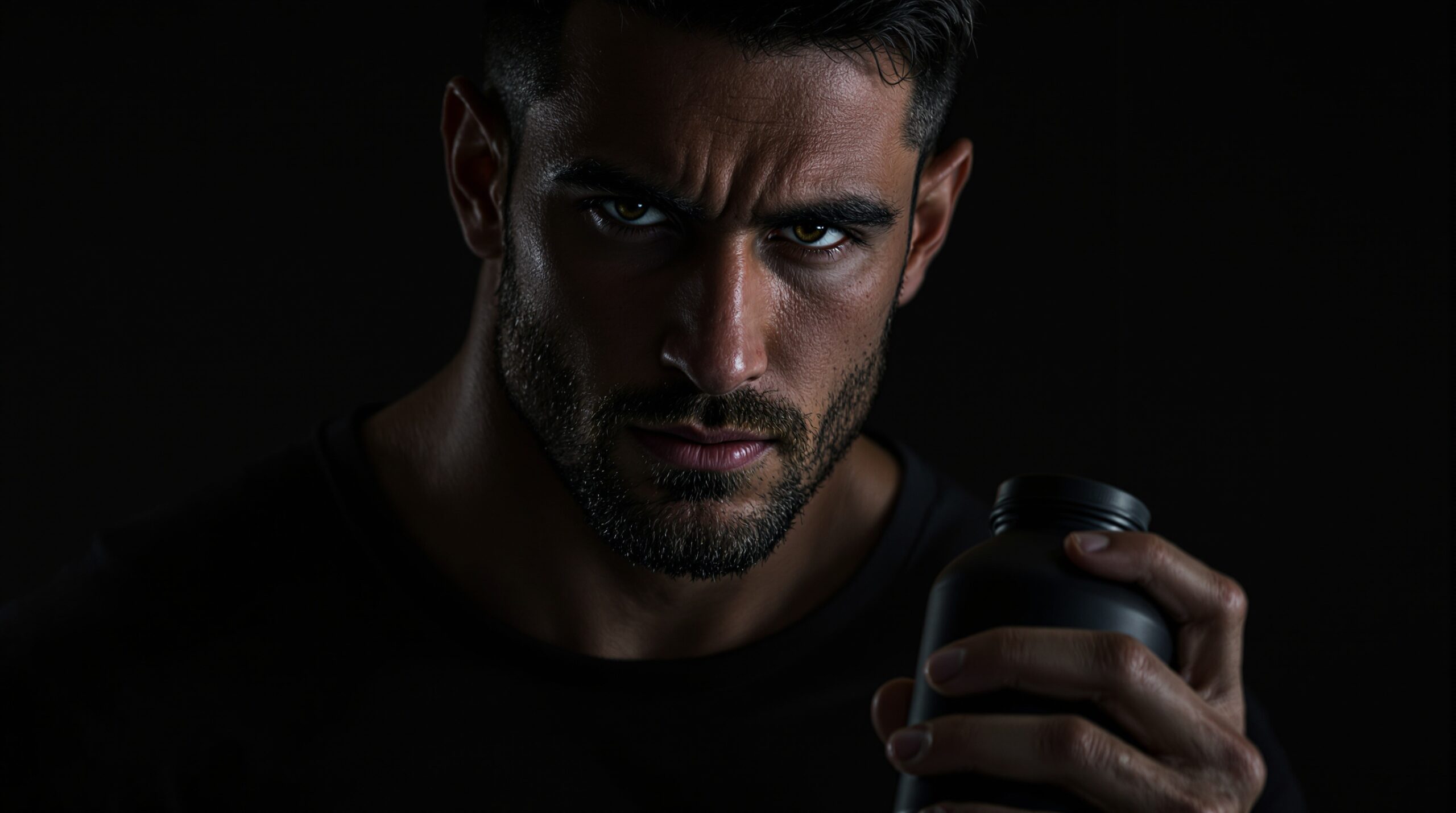 A fit athletic man holding a supplement bottle in dramatic cinematic low light, representing creatine for performance and a broad audience.