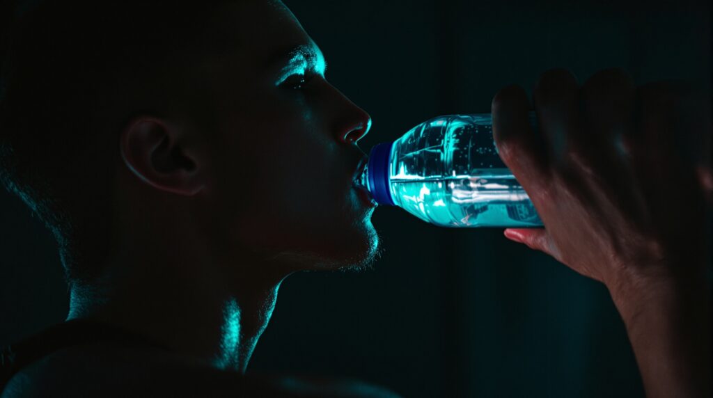 An athletic person drinking from a sports bottle in dramatic light, representing electrolyte and hydration supplement formulation.