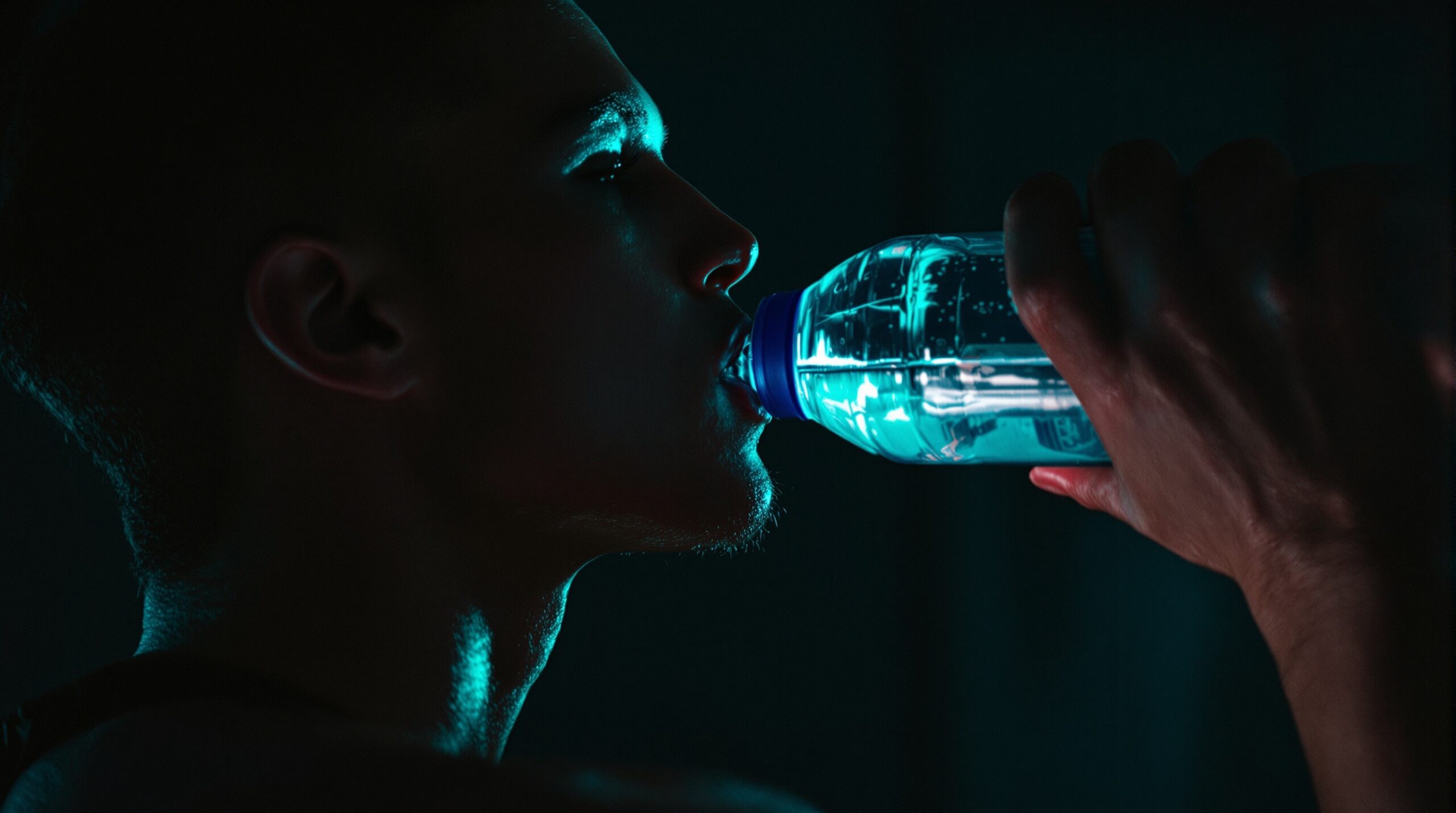 An athletic person drinking from a sports bottle in dramatic light, representing electrolyte and hydration supplement formulation.
