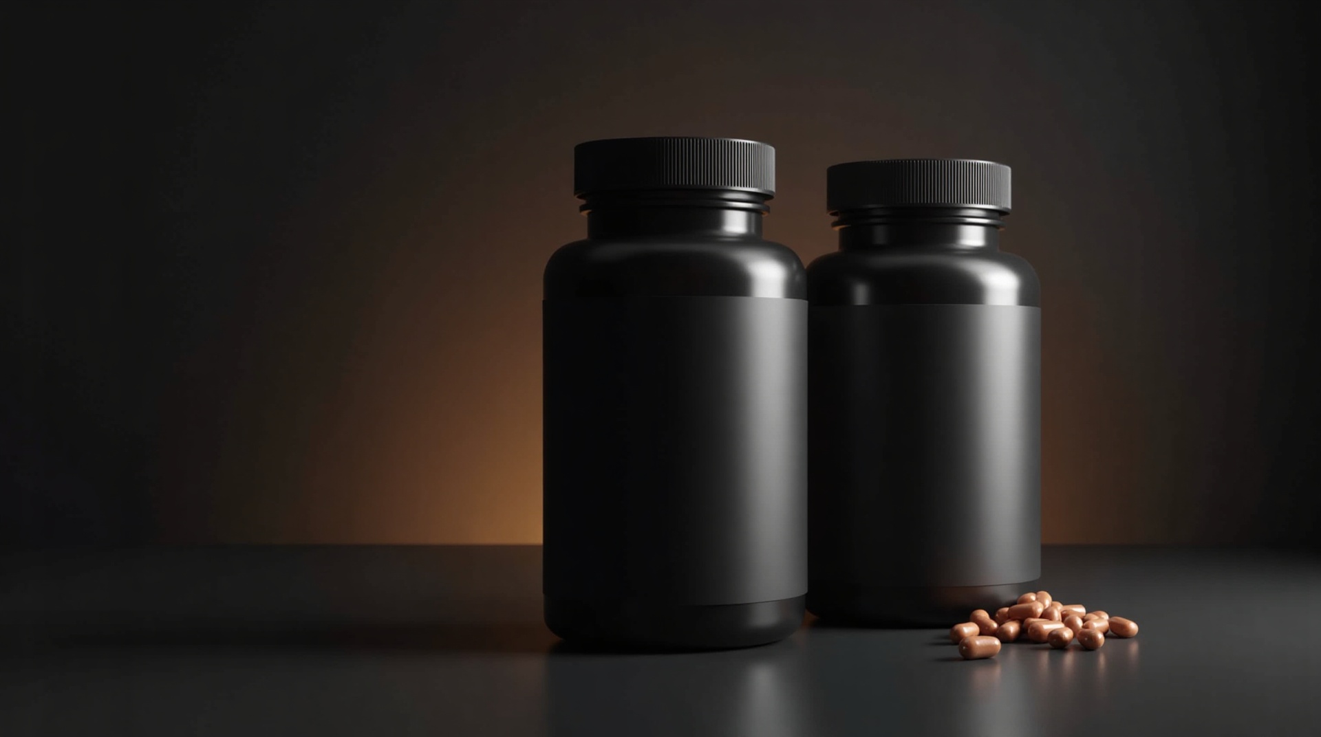 Two standard supplement bottles on a dark reflective surface, representing GLP-1 companion nutrition products.