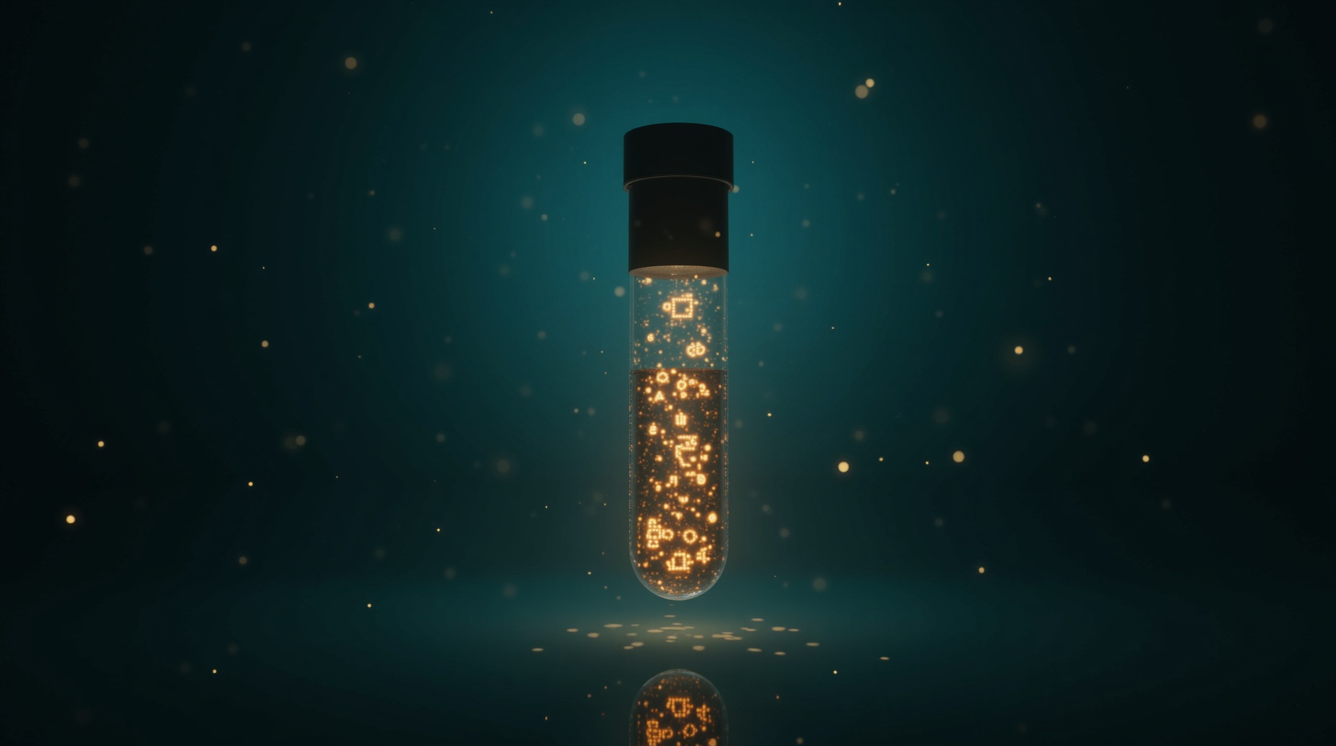 A glowing laboratory test tube with periodic-table element symbols, representing heavy metals testing in supplements.