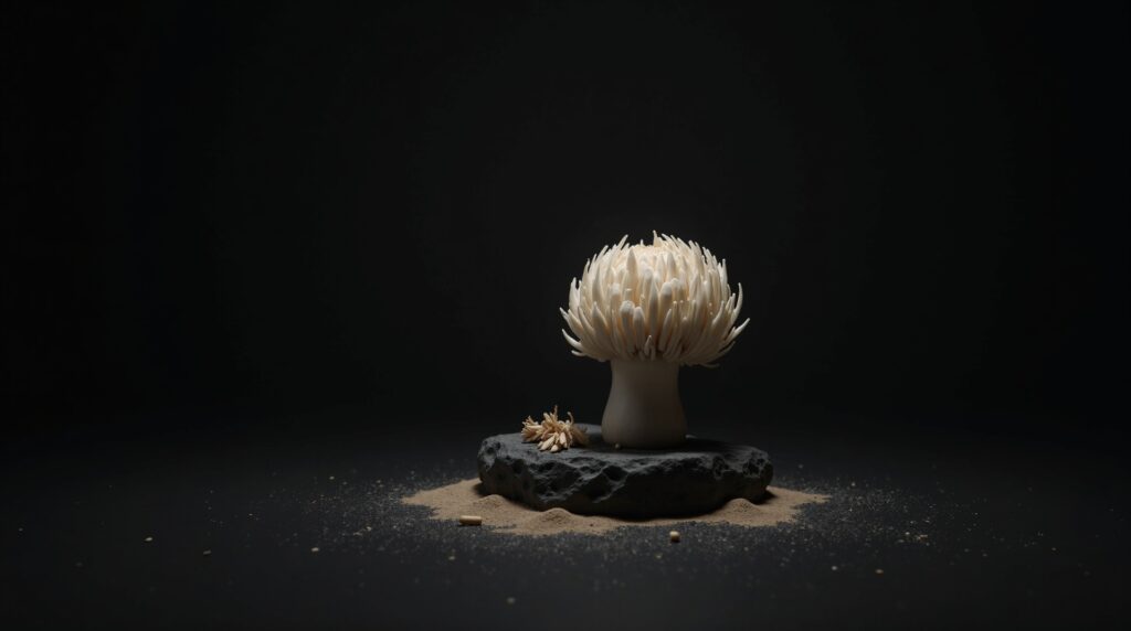 A white lion's mane mushroom on a dark stone, representing lion's mane nootropic supplement formulation.