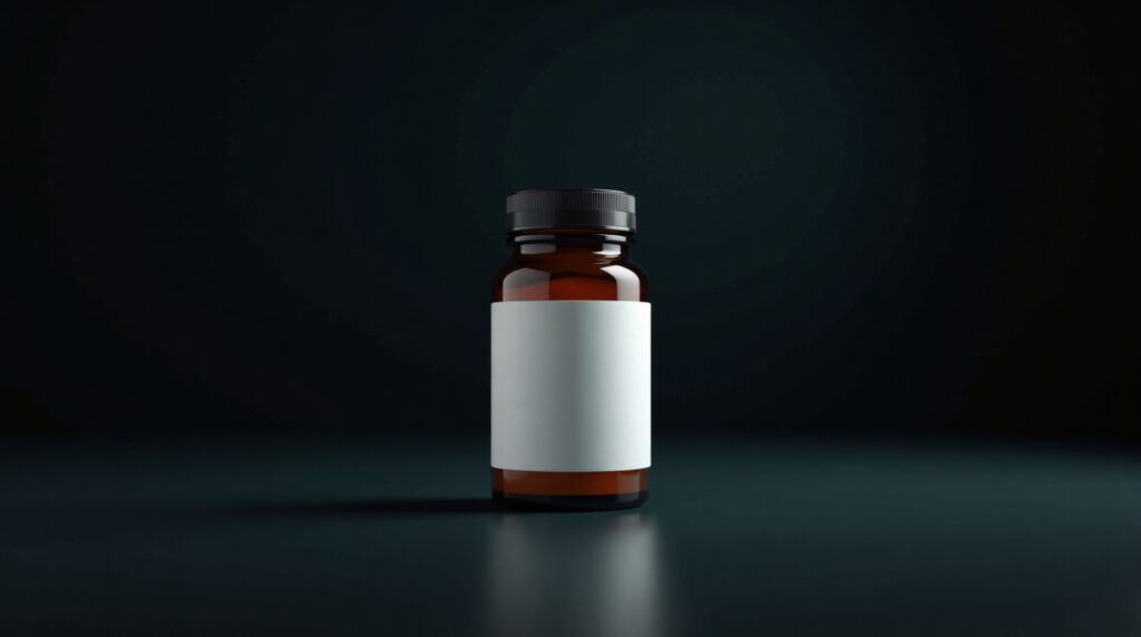 A standard amber supplement bottle on a dark surface, representing a magnesium glycinate supplement.