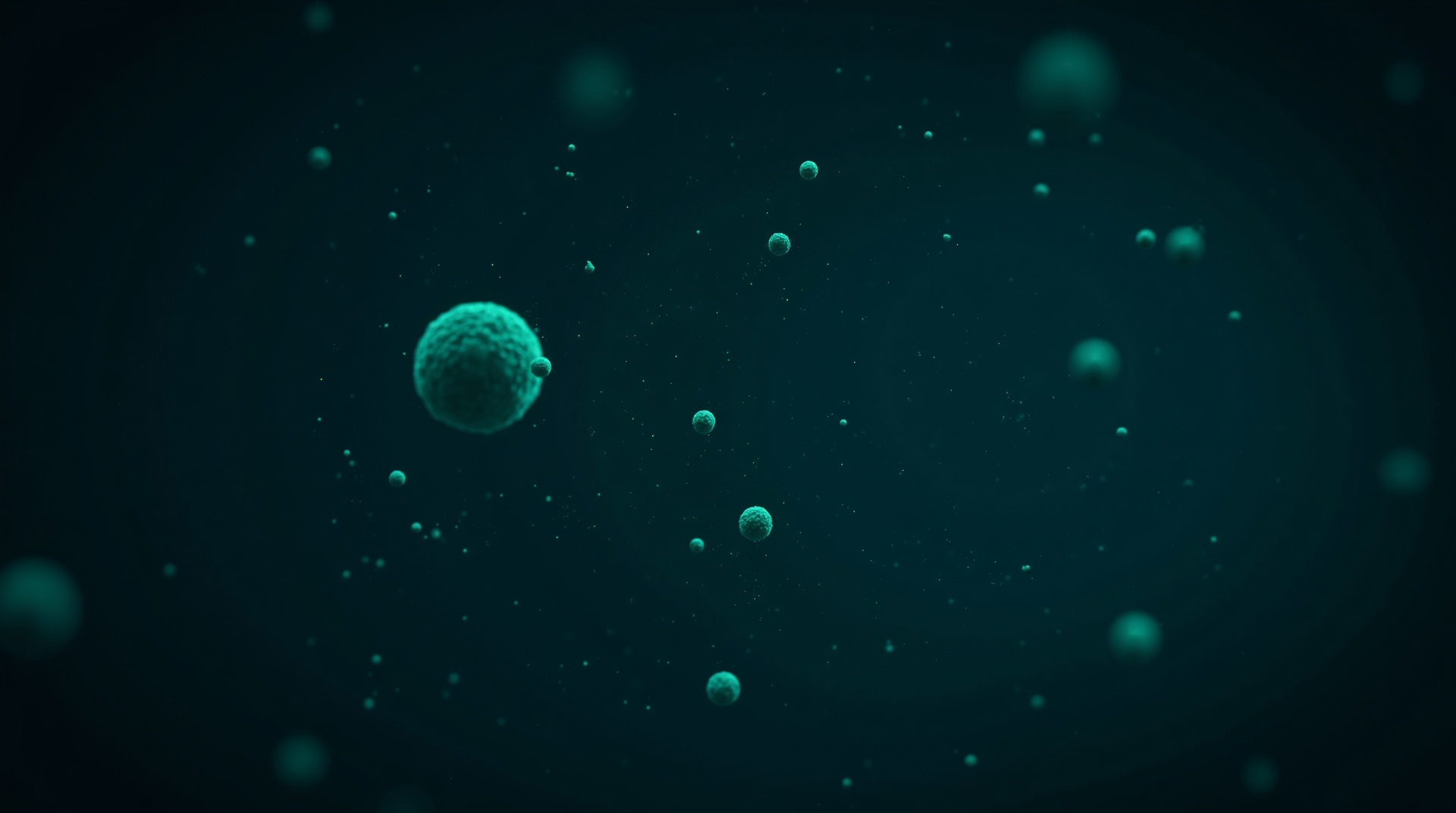 Glowing microorganisms suspended in dark fluid, representing probiotic and postbiotic strain selection and stability.