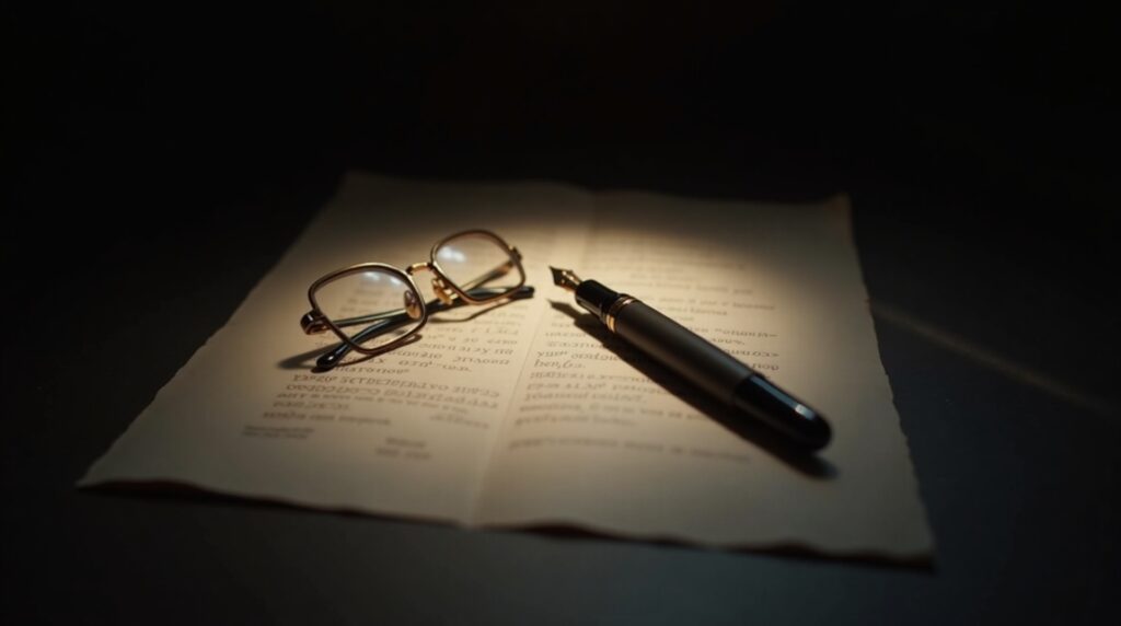 A fountain pen and reading glasses on a contract under a spotlight, representing due diligence before signing a supplement contract manufacturer.