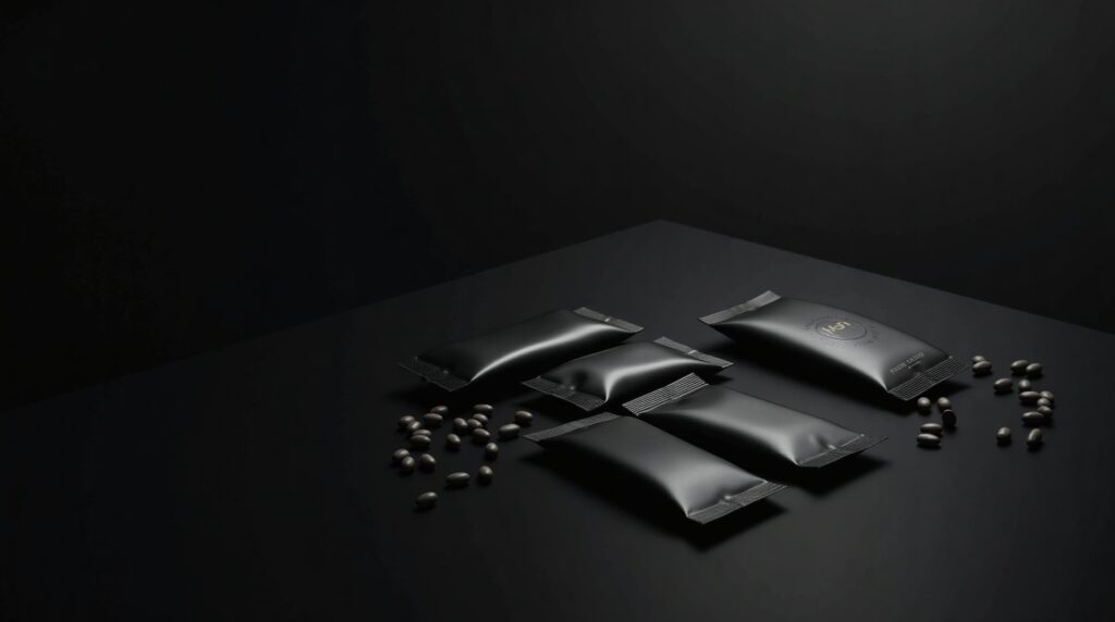 Matte single-serve stick pack sachets on a dark surface, representing stick pack and single-serve supplement formats.