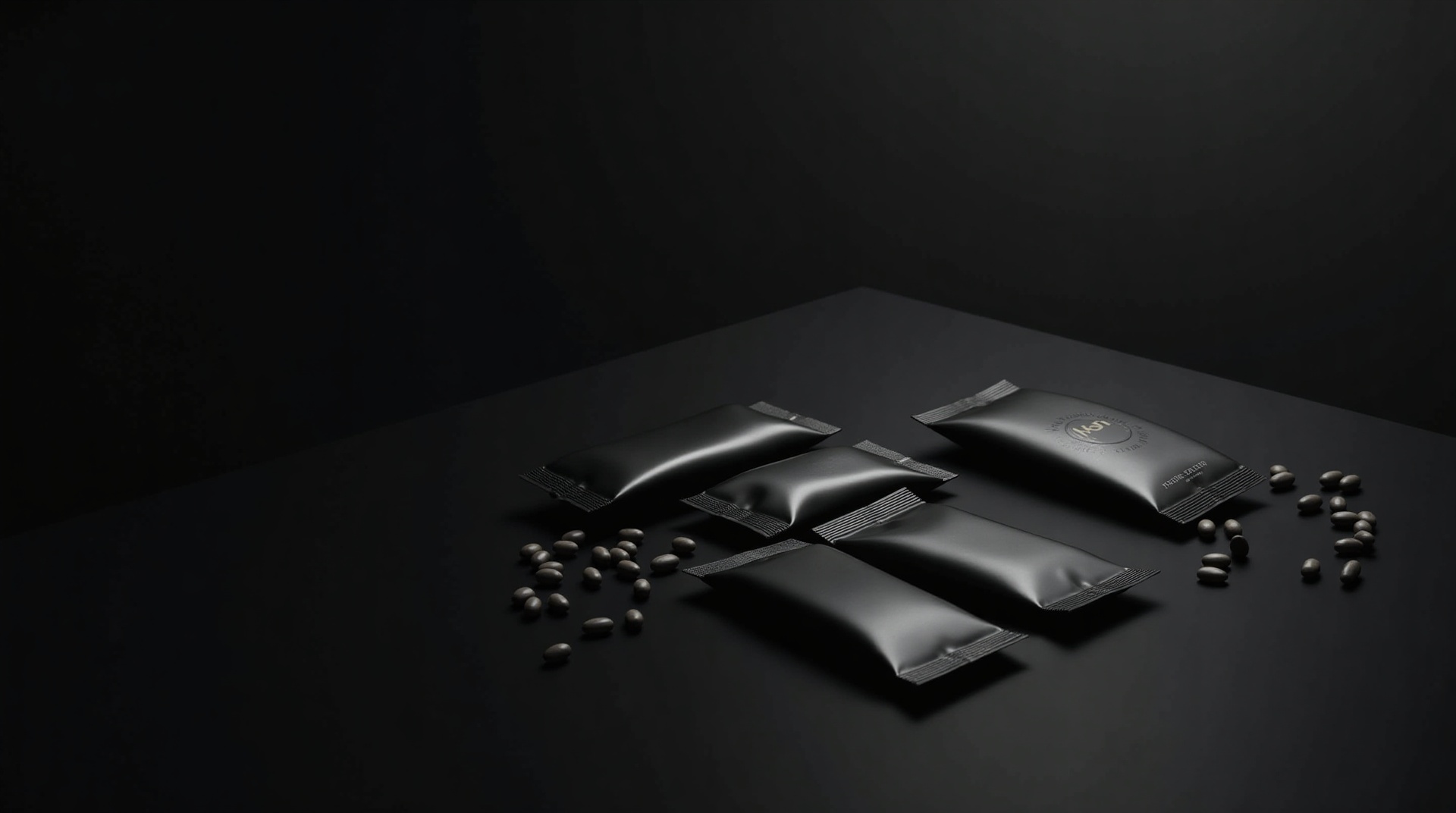 Matte single-serve stick pack sachets on a dark surface, representing stick pack and single-serve supplement formats.