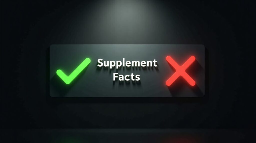 A blank supplement facts panel with glowing check and cross marks, representing structure/function claims on supplement labels.