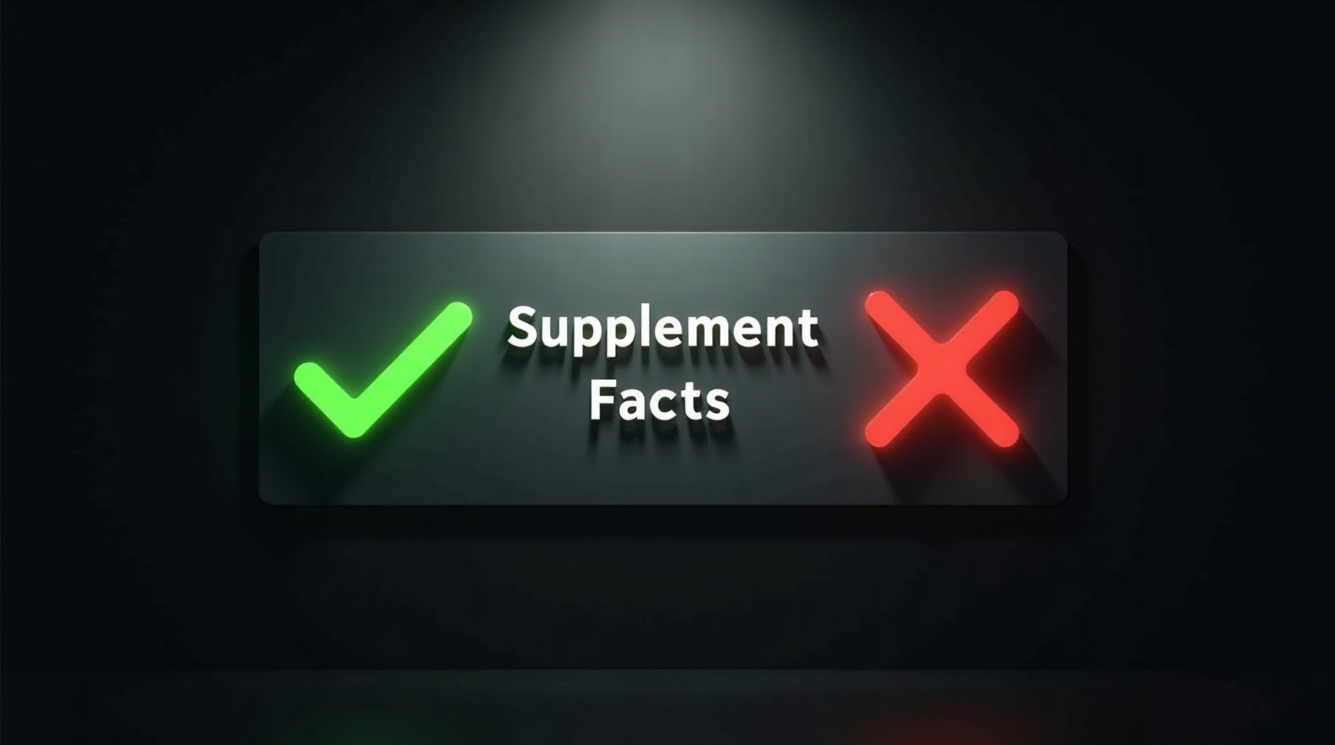 A blank supplement facts panel with glowing check and cross marks, representing structure/function claims on supplement labels.