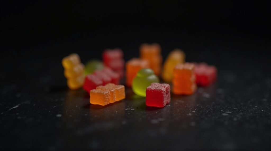Colorful chewable gummies on a dark slate surface, representing sugar-free gummy supplement formulation.