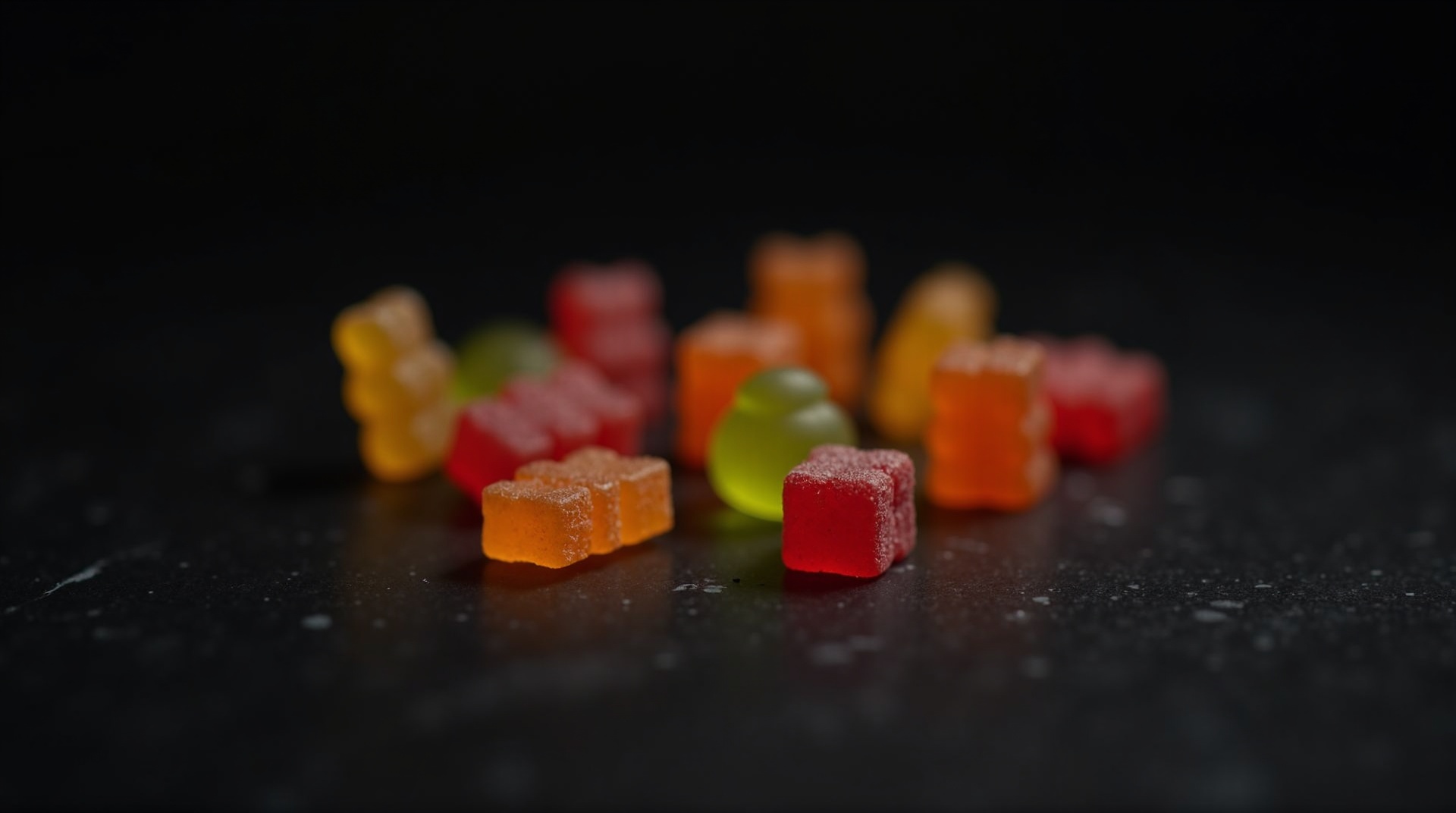 Colorful chewable gummies on a dark slate surface, representing sugar-free gummy supplement formulation.