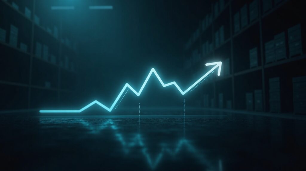 A glowing rising chart over a dark shelf silhouette, representing supplement inventory and demand forecasting.