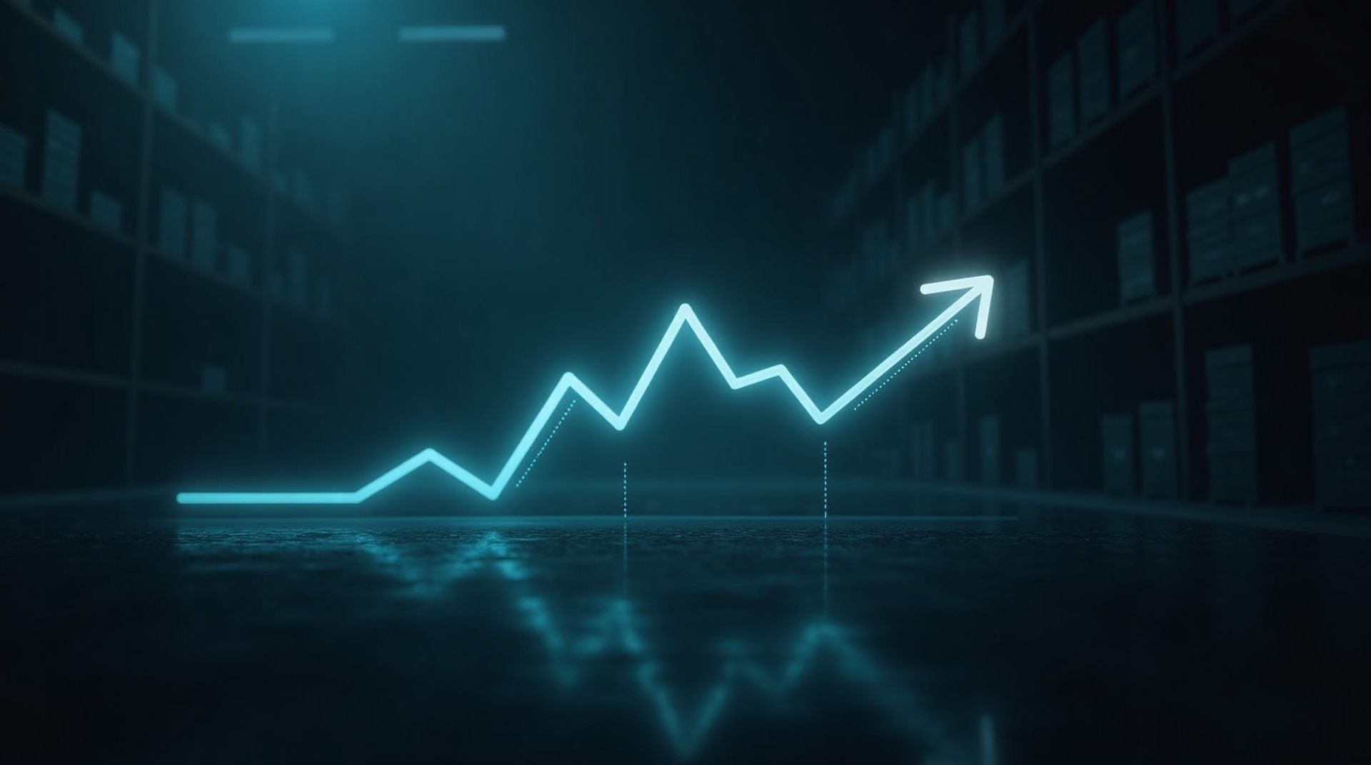 A glowing rising chart over a dark shelf silhouette, representing supplement inventory and demand forecasting.