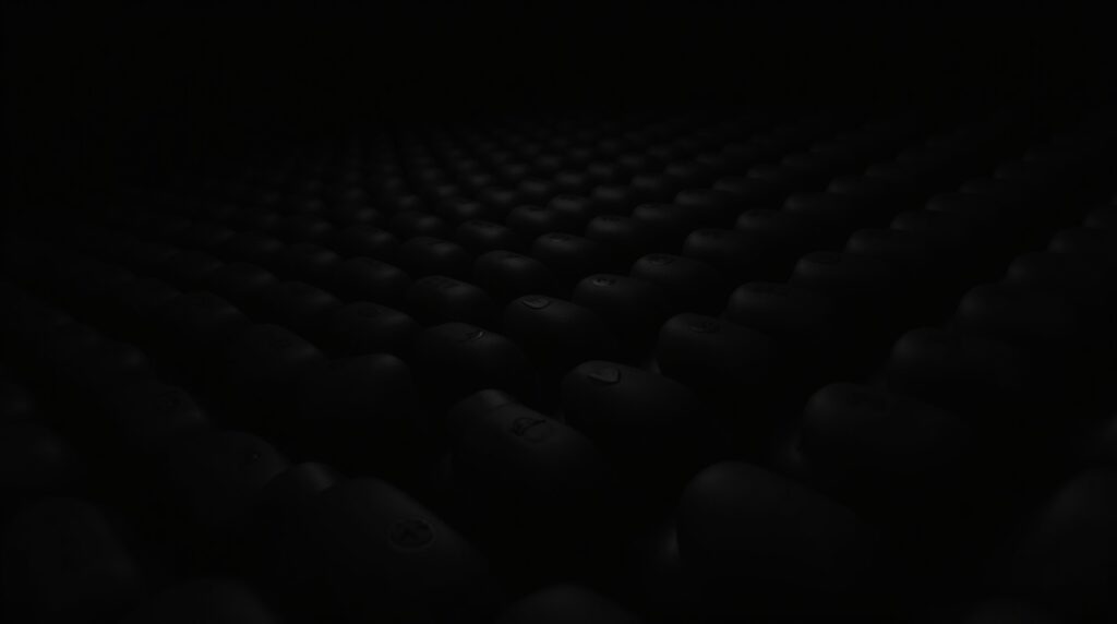 Rows of identical matte supplement bottles receding into shadow, representing manufacturing scale, MOQs, and capacity.
