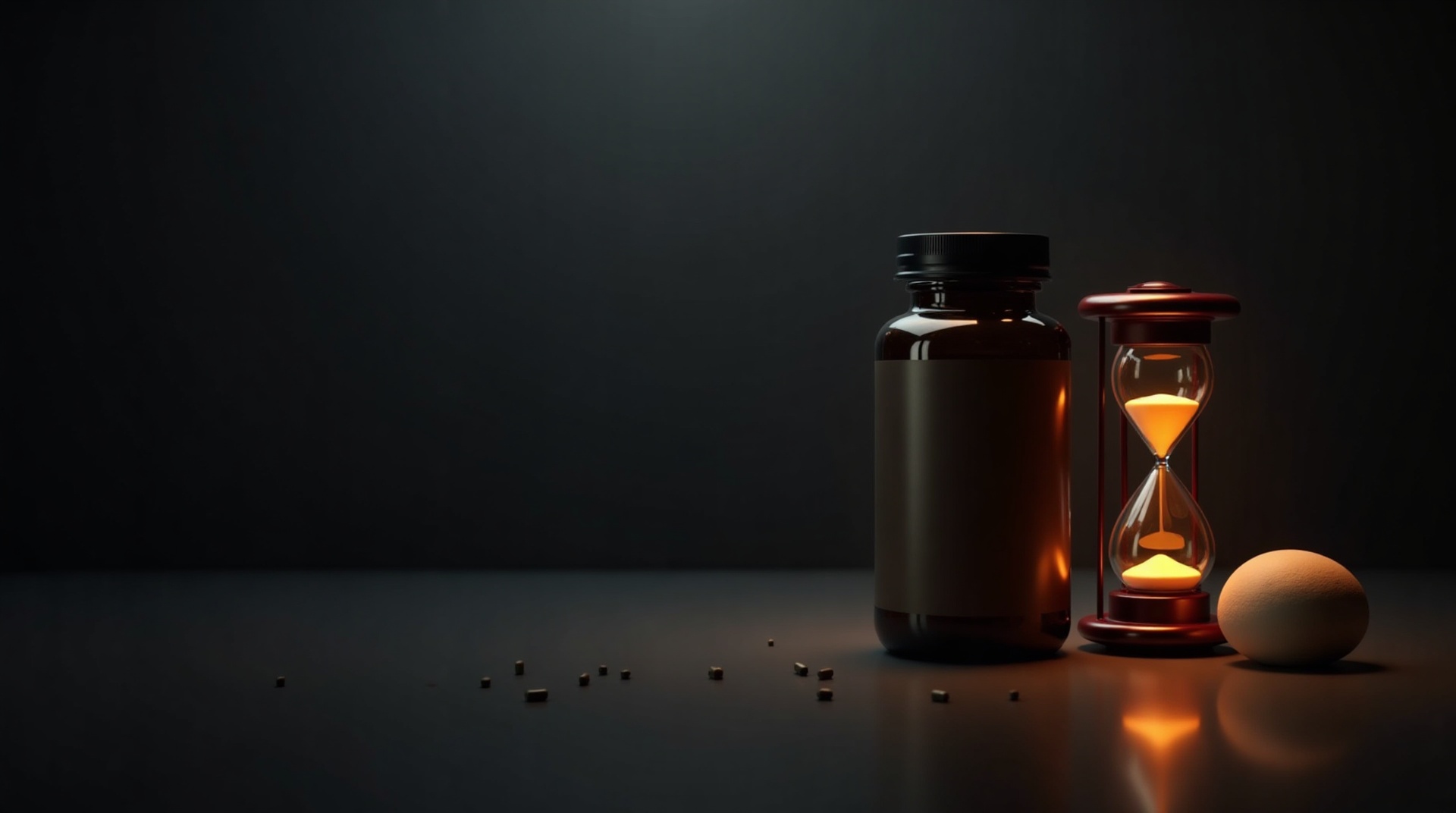An amber supplement bottle beside a glowing hourglass, representing supplement shelf life and stability testing.