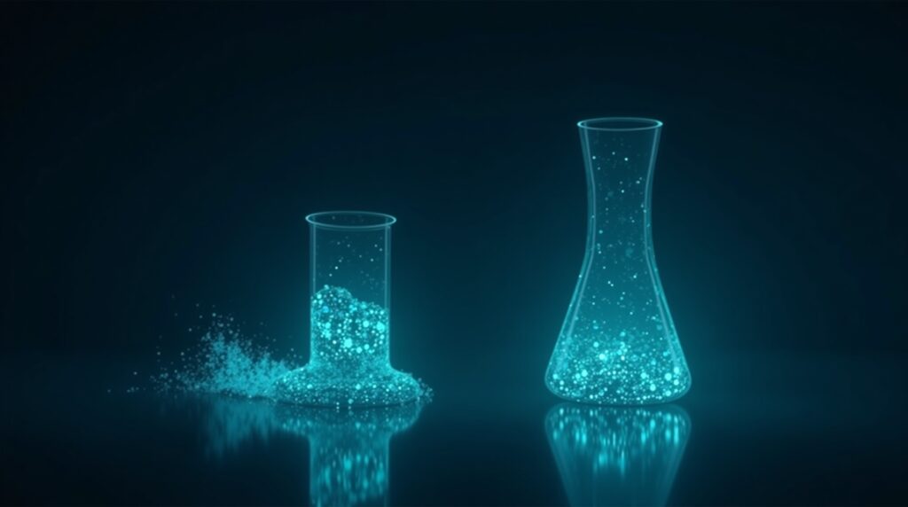 Glowing particles transferring between two laboratory flasks of increasing size, representing supplement manufacturing tech transfer and scale-up.