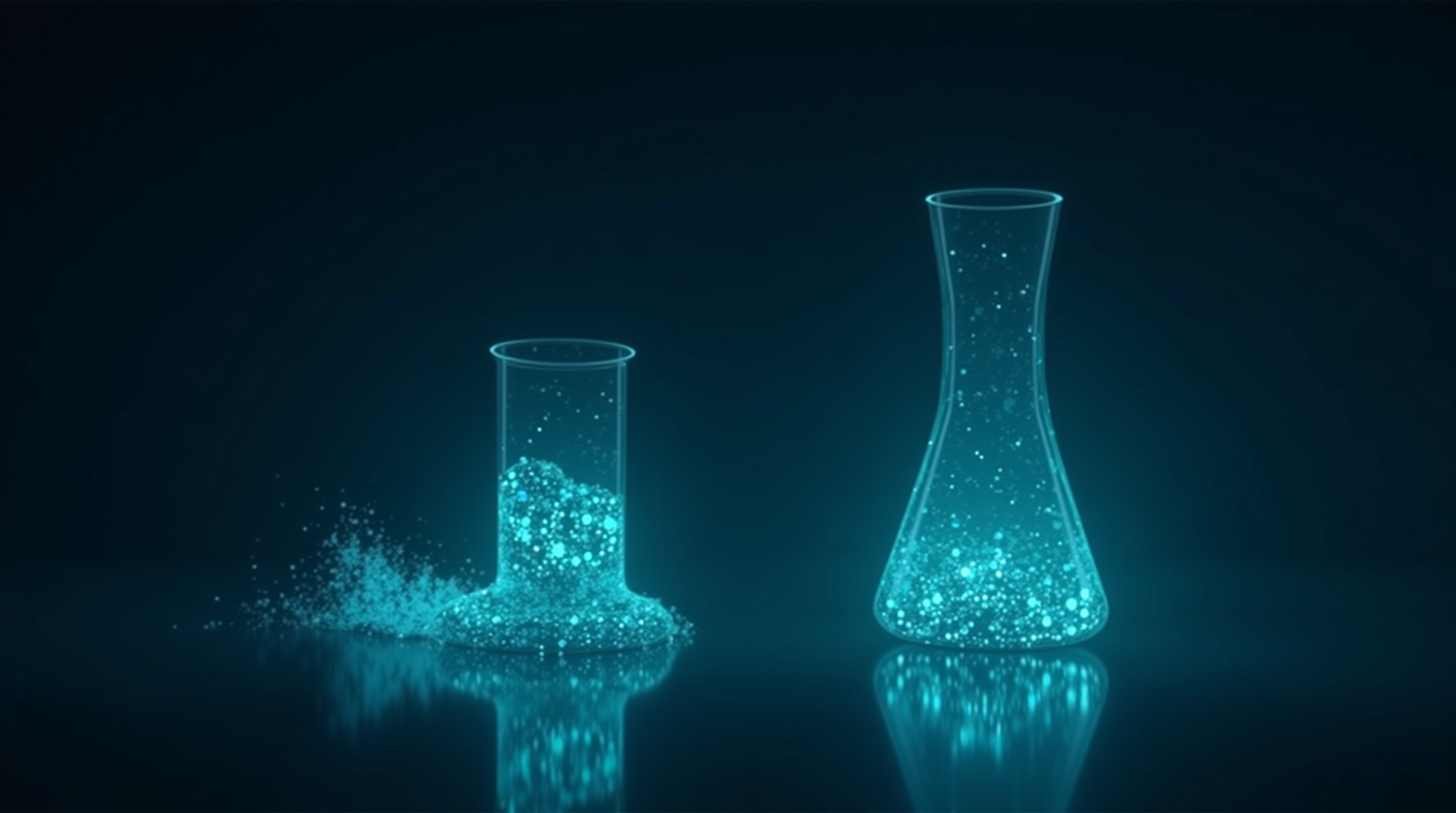 Glowing particles transferring between two laboratory flasks of increasing size, representing supplement manufacturing tech transfer and scale-up.