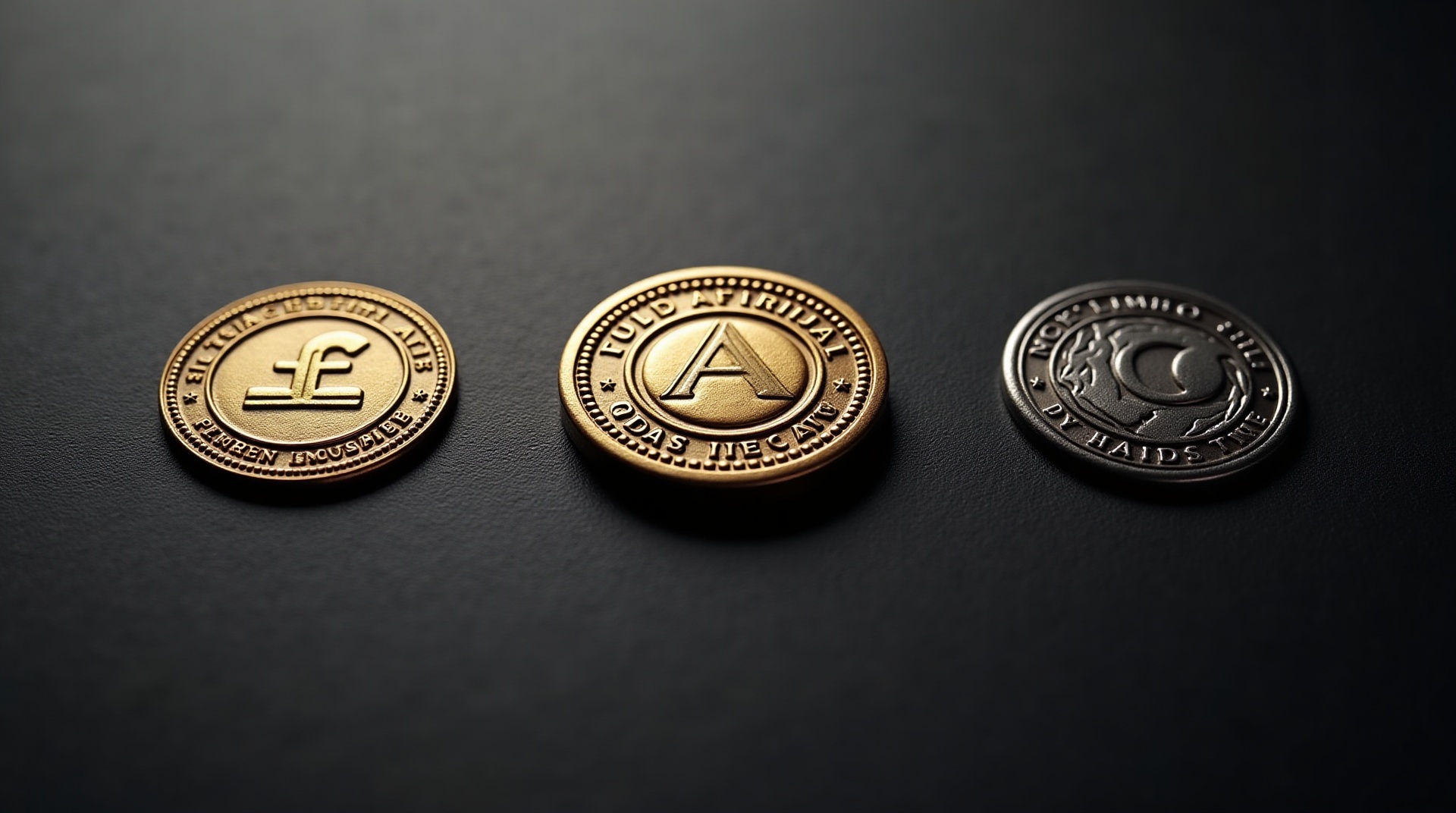 Three embossed certification seal medallions on a dark surface, representing NSF, USP, and Informed Sport supplement certifications.