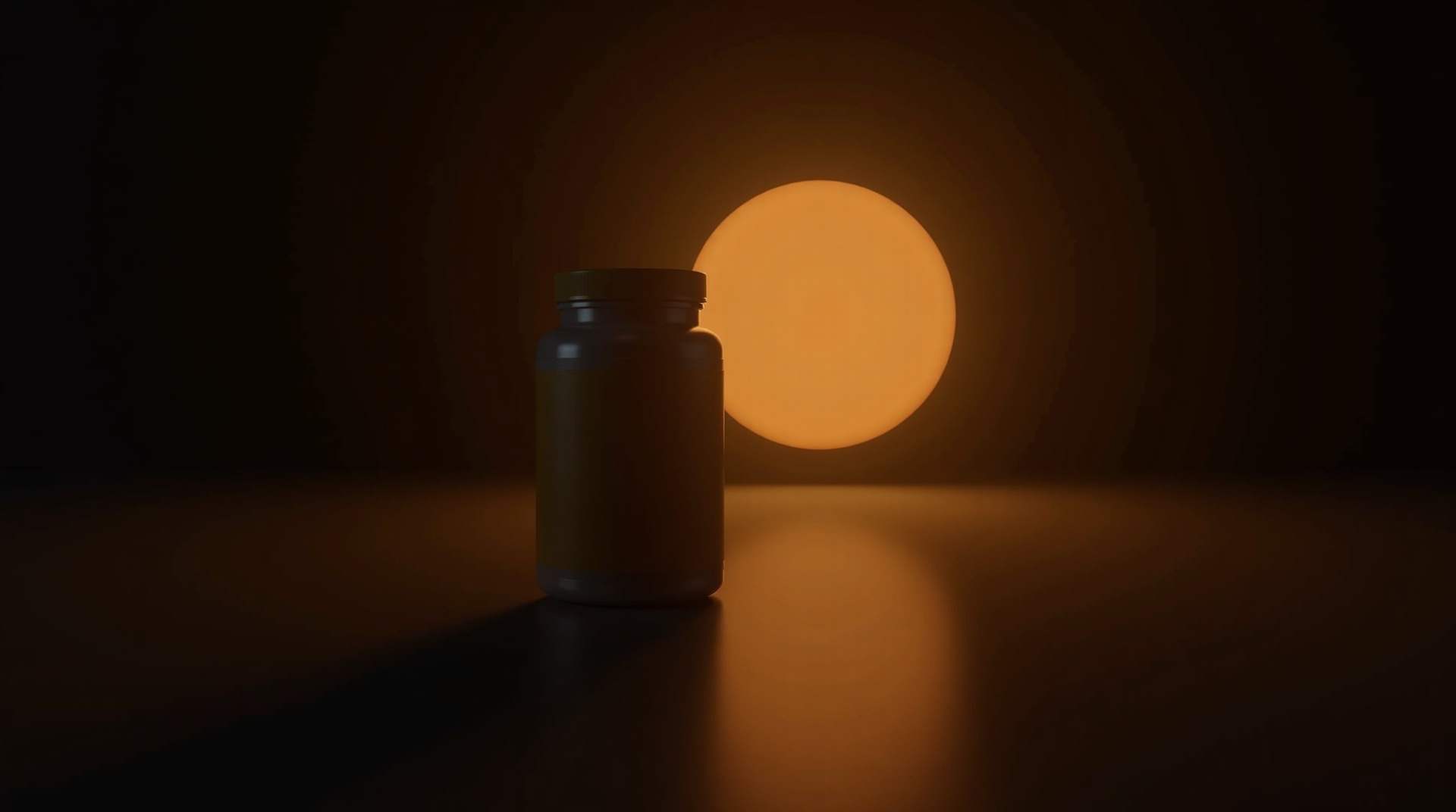 A glowing sun-like orb beside a supplement bottle on dark, representing vitamin D3 and K2 formulation.
