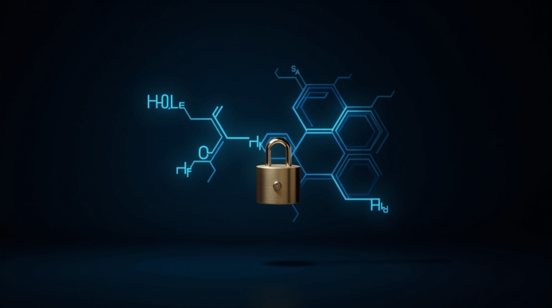 A brass padlock in front of a glowing blue molecular formula, representing supplement formula intellectual property ownership.