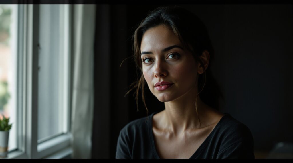 A natural candid portrait of a healthy woman by a window, representing women's health supplement formulation.