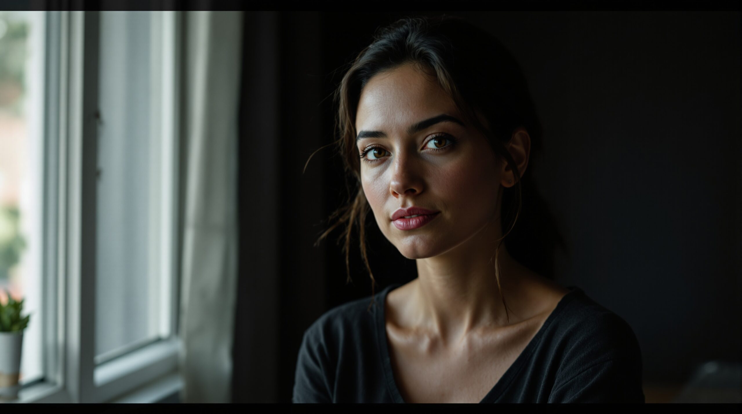 A natural candid portrait of a healthy woman by a window, representing women's health supplement formulation.